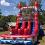 Red, white, and blue rocket dual-lane water slide rental