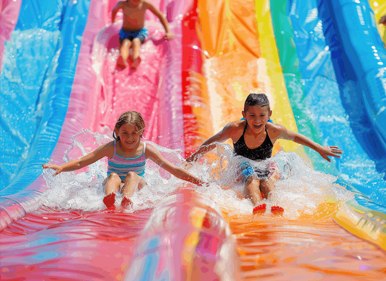 two-children-sliding-down-water-slide-amusement-park