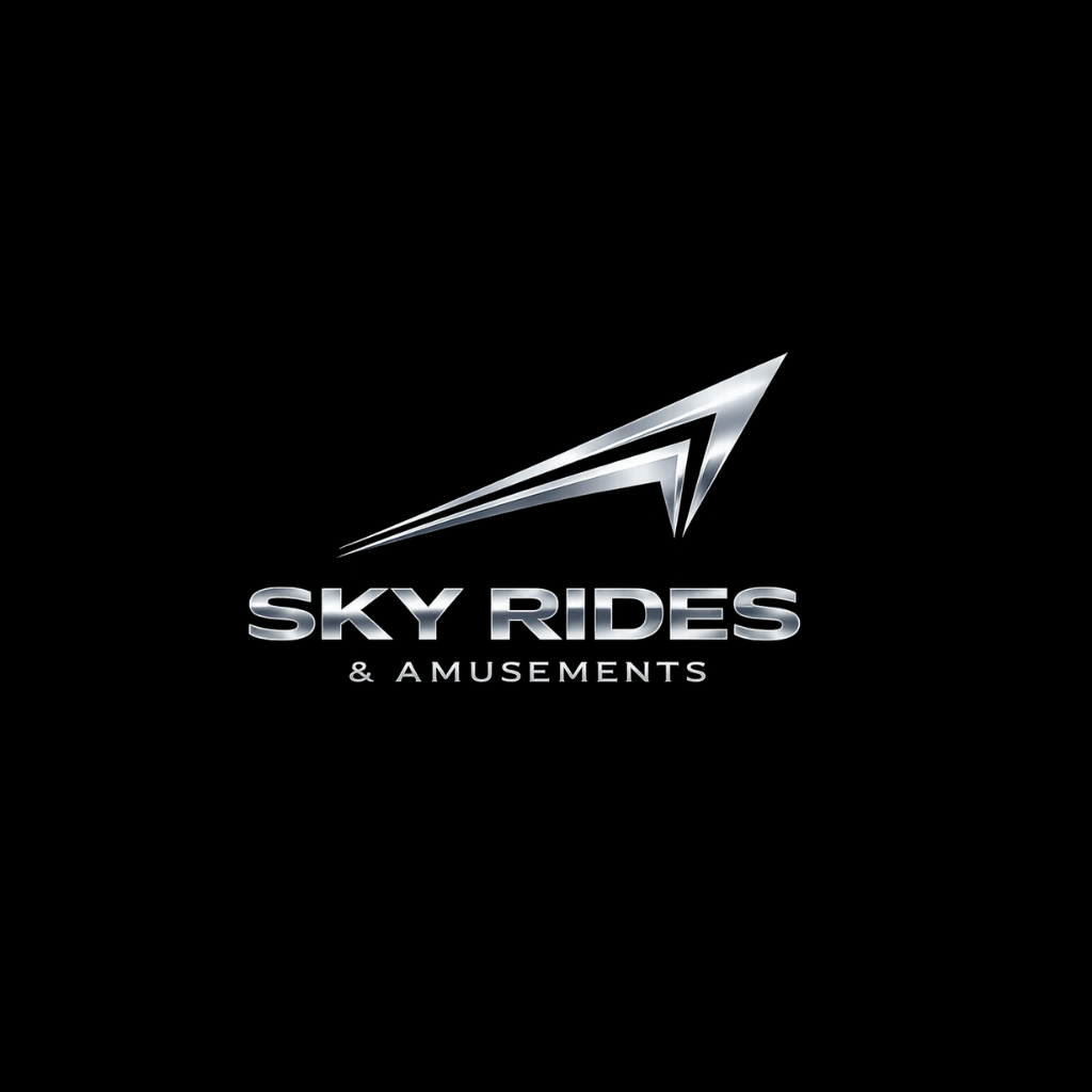 Sky Rides & Amusements logo with metallic silver text and stylized arrow graphic on a black background