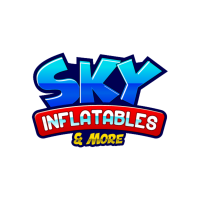 Sky Inflatables & More logo featuring bold blue “Sky” lettering above a red “Inflatables” banner with “& More” in yellow below